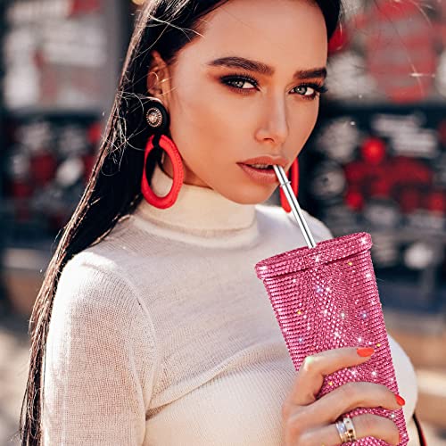 Mimorou Studded Bling Diamond Tumbler Glitter Water Bottle with Lid Stainless Steel Vacuum Thermal Straw Rhinestone Tumbler with 1 Pcs Cup Brush 6 Pcs Straw Brushes for Women(16.9 oz,Pink) Pink 16.9 Ounces