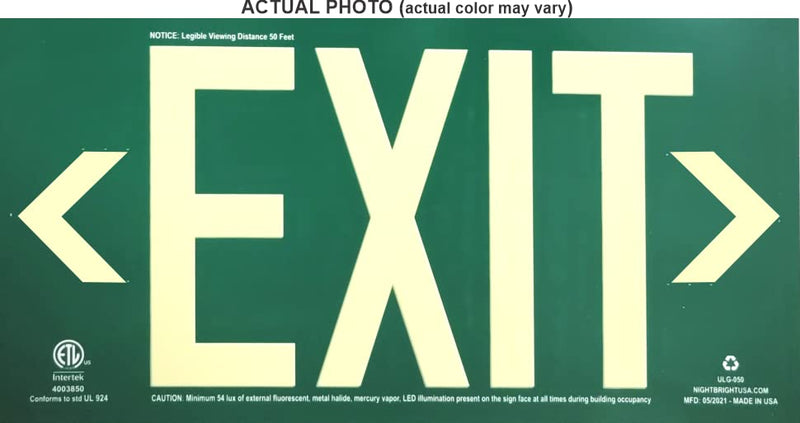 Photoluminescent Exit Sign Green - Aluminum Code Approved UL 924 / IBC/NFPA 101 | NightBright USA Part Number ULG-050