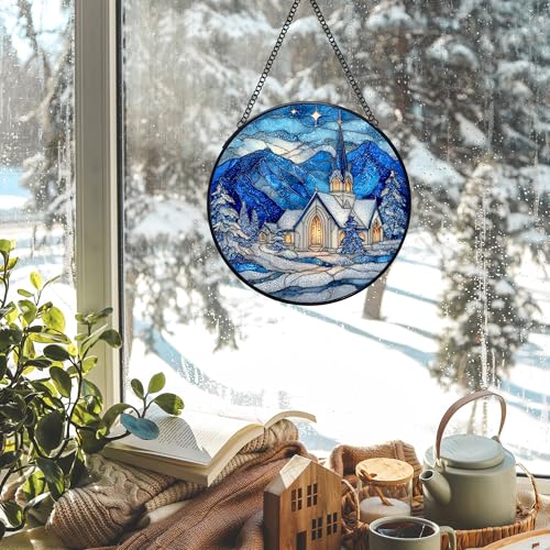 Christian Church Christmas Stained Glass Window Hanging Suncatchers, Religious Winter Sun Catchers Indoor Window Glass Wall Art Decor, Winter Wall Hanging Decorations Sculptures, 7.9x7.9in