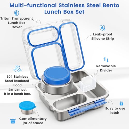 Stainless Steel Bento Box Kids Adult with 7oz Soup Thermo, Transparent Lid 3 Compartments Metal Bento Lunch Box with Insulated Food Jar,Lunch Box Container Sauce Cup for School,BPA-Free(Blue) Blue