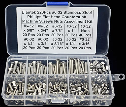 Elantek #6-32 UNC 304 stainless steel Phillips flat head countersunk machine screws and nuts assortment kit
