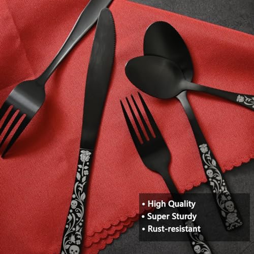 20-Piece Matte Black Silverware Set for 4, Skull Rose Cultery Set 18/0 Stain Finish Stainless Steel, Gothic Skeleton Pattern Decorative Flatware Set, Daily Halloween Party Event Serving For 4 20PCS