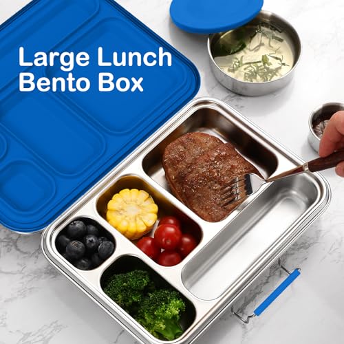Stainless Steel Bento Box for Adults & Kids, 5-Compartment Lunch Box with 2 Sauce Containers, BPA-Free Bento Lunch Container, Dishwasher Safe, School & Work Meal Prep Lunch Container (Blue) Blue