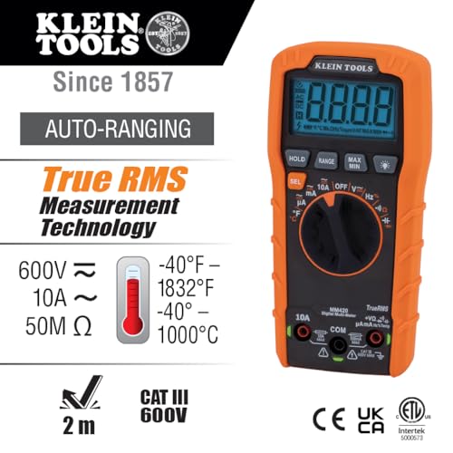 Klein Tools MM420 digital multimeter with auto-ranging TRMS display for AC/DC voltage, current, and resistance testing