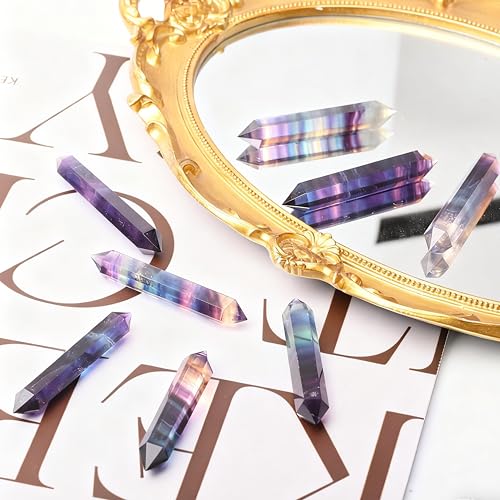 WHAL&YUNE Gemstone Wands 1PC, Rainbow Fluorite Hexagonal Wand Crystals and Healing Stones, Natural Hand Carved Pointed Stone Crystals Tower for Home Decor- 3"-3.5"(8-9cm)