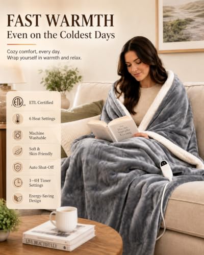 Heated Blanket Electric Blanket, Cozy Soft Flannel & Plush Sherpa Fleece Warm Heater Throw Blanket with Fast Heating & Auto-Off Over-Heat Protection, ETL Certification ，50" x 60" (Gray) Gray