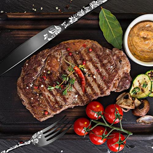 XIAOYU 20-piece stainless steel flatware set with rainbow finish, includes knives, forks, spoons for four, dishwasher safe, unique pattern design.