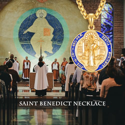 925 Sterling Silver St Michael/St Christopher Oval Round Medal Archangel Cross Necklace with 22”+2” Chain E02-Saint Benedict (Gold)