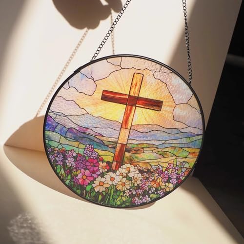 Stained Glass Window Hanging 7.8" Cross Suncatcher Christian Home Decor Art 7.8''