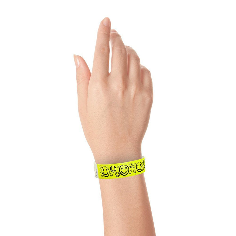 200 WristCo Yellow Smiley Face Tyvek Wristbands for Events - ¾” x 10” - Waterproof Recyclable Comfortable Tear Resistant Paper Bracelets Wrist Bands for Concerts Festivals Admission Party Neon Yellow 200 Count