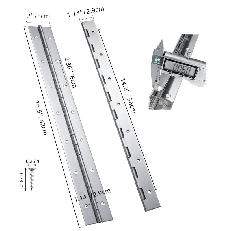 Marine Grade 304 Stainless Steel Piano Hinge, 16.5"X2" Continuous Boat Hinge, 0.06'' Thickness Heavy Duty Polished Finish Long Hinge with Screw for Cabinet, Cabin Door, Stocker Box(2 Pack) Marine Grade 304 Stainless Steel 16.5 Inch (2PCS)