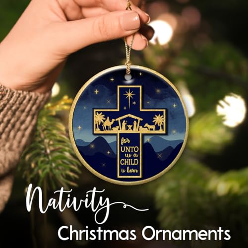 Nativity Christmas Ornament - Christian Family Christmas Tree Decoration, Faith Gifts for Men & Women - Religious Cross Design Xmas Decor, Church Exchange Gift