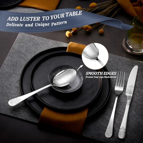 DRAGON RIOT 20-piece stainless steel flatware set with service for 4, includes forks, knives, spoons, and serving utensils.