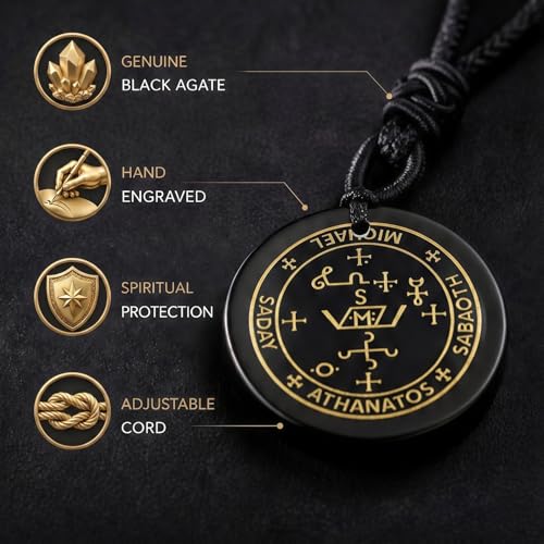 Archangel Michael Necklace, Men's Genuine Black Agate Protection Amulet