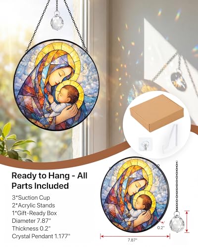 7.8" Stained Glass Window Hanging, Virgin Mary and Baby Jesus Suncatcher Jesus and Mary