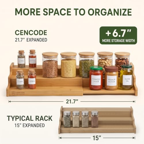 2 Pack Spice Rack, 22" Extra Long Kitchen Pantry Organizer, 3-Tier Expandable Bamboo Wooden Rack Organizer for Cabinet - Multi-purpose Cupboard Storage Organizer Bamboo 2Pack