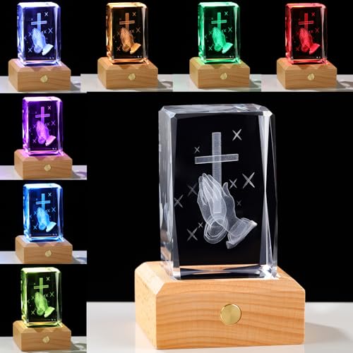 Arikyrist 3D Crystal Praying Hands Statue with Wooden Colorful LED Base Praying Hands With Cross