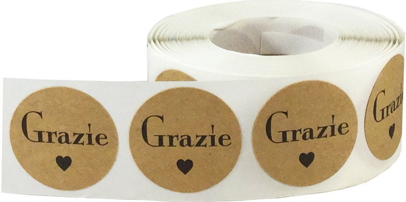 Grazie Italian Thank You Natural Kraft Stickers, 1 Inch Round Circle Adhesive Labels, 500 Thank You Stickers Per Roll for Small Business Packaging, Gifts, Envelopes – Made in the USA