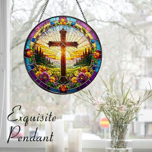 Easter Christian Religious Cross and Floral Design Suncatcher -7.9 in Stained Glass Window Hanging Sun Catcher Garden Decor White