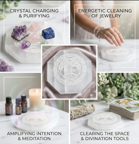 Selenite 3" Etched Charging Plate Crystal Healing Reiki Feng Shui Gemstone Gift Positive Energy Peace Meditation Wellness Handcrafted