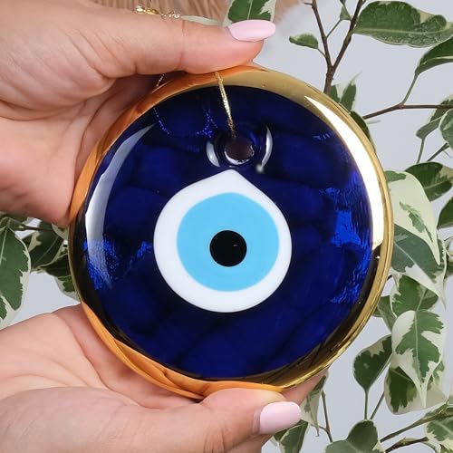 Blue Evil Eye Wall Decor, 4.3" Glass Ornament Turkish & Greek Nazar Amulet Blue-gold Large, 4.3"