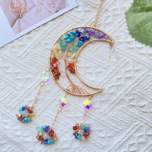 Colorful Crystal Moon Suncatcher for Window 7 Chakra Hanging Tree of Life φ 1.77 inch-Colorful Moon Suncatcher