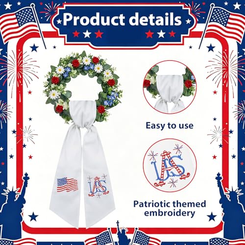 Moukeren 2 Pcs 4th of July Wreath Sash for Front Door Patriotic Embroidered Monogram Wreath Sash Red Blue White Flag Garland Belt Decor for Independence Day Memorial Day Yard Porch Red White Blue