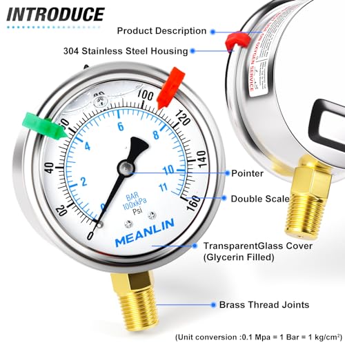 MEANLIN MEASURE 0-160 PSI glycerin-filled pressure gauge, 2.5-inch stainless steel dial with 1/4-inch NPT lower mount