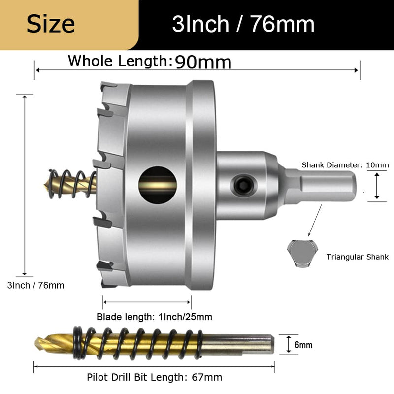[Australia - AusPower] - ASNOMY Tungsten Carbide Tipped Hole Saw Drill Bit for Hard Metal, 3 Inch T.C.T Hole Saw Cutter with 2pcs Titanium-Plated Pilot Drill bit for Metal, Steel, Iron, Wood, Plastic 76mm | 3'' 