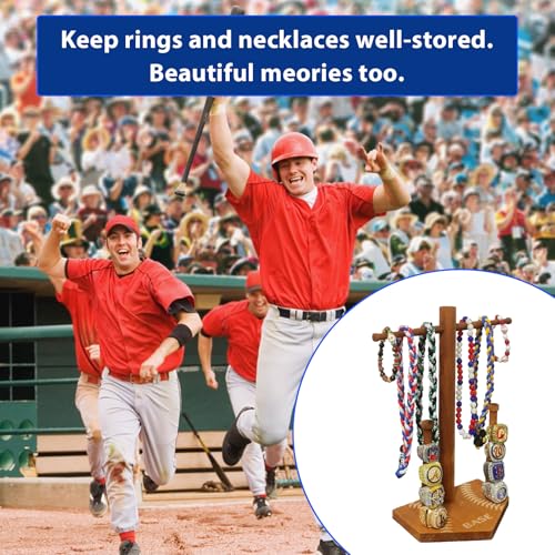 Wooden Baseball Drip Necklace Display Holder, Championship Rings Display Organizer (for ring size 9 or larger), Bonus 50Pcs Baseball Stickers, Greeting Card and Gift Box Wood Classic