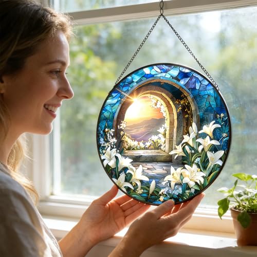 Jesus Christ Suncatcher 7.8″ Stained Glass Window Hanging Christian Ornament Religious Sun Catcher Wall Home Living Room Decor Christmas Birthday Gifts for Women Men Mom Coworkers D