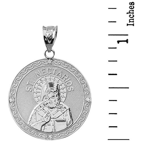 Sterling Silver Saint Nectarios of Aegina CZ Round Medal Pendant Necklace (1.15"), 20"