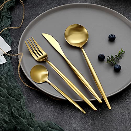 24-piece stainless steel flatware set with gold knives, forks, and spoons for six, includes dinnerware and tableware for home use.