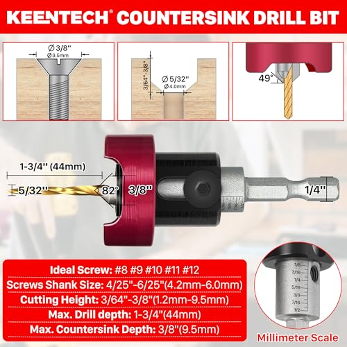 KEENTECH 3/8-inch carbide-tipped countersink drill bit with 5/32-inch drill diameter and depth stop