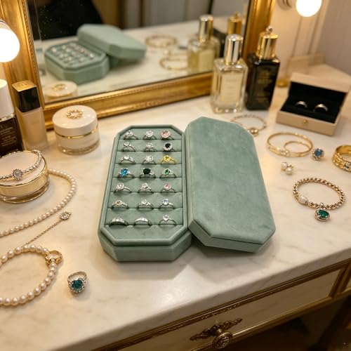 Velvet Ring Organizer Box - Ring Jewelry Box for Rings Earring, Jewelry Tray Rings holder Display Case for Girl Women (8.07"x4.13"x2.16") -PRB024-Mint Green Mint Green