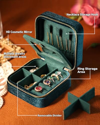 Velvet Jewelry Box – Travel Jewelry Case Organizer with Mirror, Adjustable Compartments for Women | Luxury Storage Case & Gift for Her - RubyRed