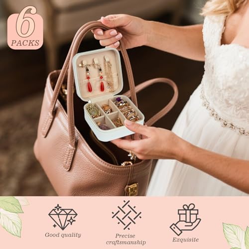 6 Pack Bridesmaid Jewelry Box with Ribbon, Maid Matron of Honor Small Travel Jewelry Case for Women, Bridesmaid Proposal Gifts, Wedding White