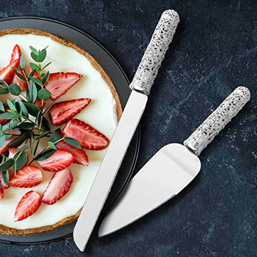 Wedding Silver Cake Knife and Server Set - 2 Pcs Dessert Set Metal Handle with Crystal Stones Decoration for Wedding, Anniversary Party Birthday Banquets, Gifts for Bride and Groom A SILVER
