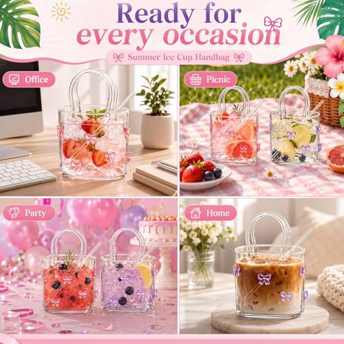 24oz Butterfly Glass Purse Cup with Straw, 2Pcs Pink & Purple Aesthetic Tote Glasses, Transparent Handbag Drinkware, Gift for Women Bridesmaid Birthday Party Travel Cocktail Iced Coffee