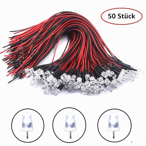 HUAZIZ Pack of 50 Pre-Wired LED, 12V Warm White, 5mm Diode Light with 20cm Cable