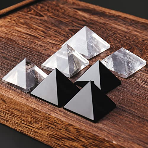 Runyangshi 2pc Clear Quartz + Obsidian Pyramid | 1.6x1.6in (4x4cm) Natural Crystal Energy Generator for Protection & Positive Energy | Healing Crystal Pyramid for Chakra Reiki Home Decor 1.57"(4cm)