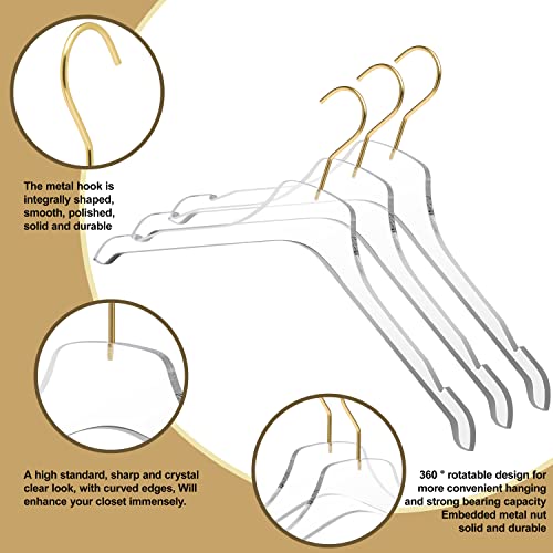 Quality Acrylic Clear Hangers, 5 Pack Clear Lucite Acrylic for a Luxurious Look and Feel with Swivel Hook, Suit Coat Shirt Dress Hangers (Clear - Matte Gold Hook, 5) Clear - Matte Gold Hook 1