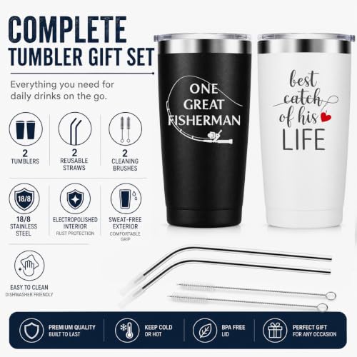 Fishing Couple Tumblers Set 2 Pack 20oz Stainless Steel Travel Mugs - One Great Fisherman Best Catch Anniversary Birthday Gifts 20.0 fluid_ounces Fishing