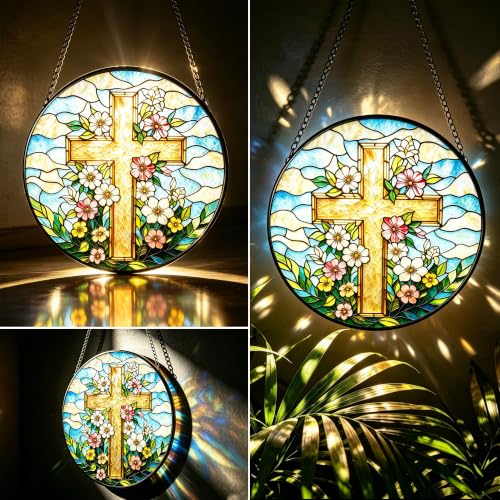 Floral Cross Stained Glass Suncatcher, Christian Flower Cross Window Hanging Ornament with Metal Chain, Religious Spiritual Home Decor Gift