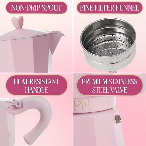 Paris Hilton Stovetop Espresso and Coffee Maker, Italian & Cuban Style Coffee Pot with Iconic Heart Knob, Perfect for Rich Aromatic Espresso, Makes up to 6 Espresso Cups, Pink