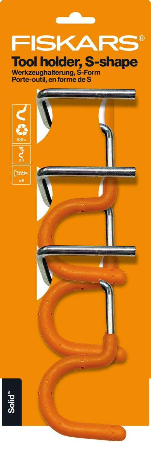 [Australia - AusPower] - Fiskars 3 Pack Solid S Shape Garden Tool Holder Wall Brackets for Long Handle Garden Tools Soft Cover Recycled Material Orange 1057584 