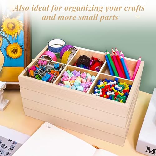AKOLAFE 4 Pack Unfinished Wood Jewelry Trays for Drawers Insert 9.4” Small Trinket Dish Bulk 6 Grid Earring Holder Organizer Box Charm Display Tray with Dividers for Necklace Ring Storage Organization