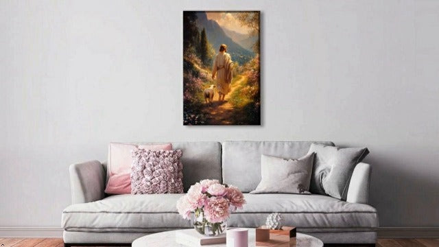 ZWTJPLN Jesus & Lamb on Path Canvas Wall Art - Christian Religious Decor (12x16/16x24 Inches) for Home, Church & Prayer Spaces Canvas Sheep 16"L x 12"W