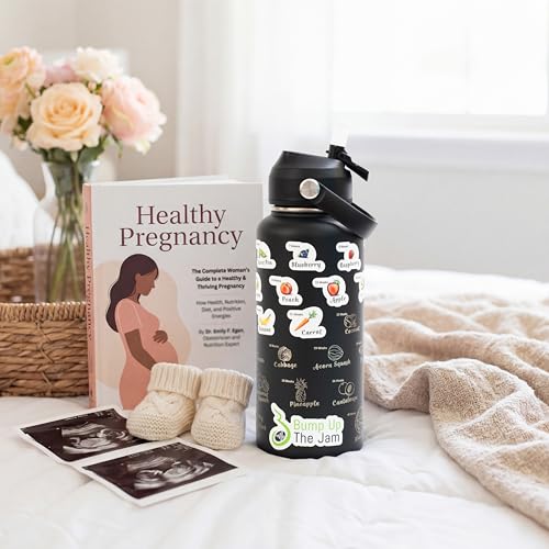 Pregnancy Water Bottle Tracker - 32 Ounce Stainless Steel - Includes Weekly Pregnancy Tracker Stickers (Midnight Black Color) Midnight Black