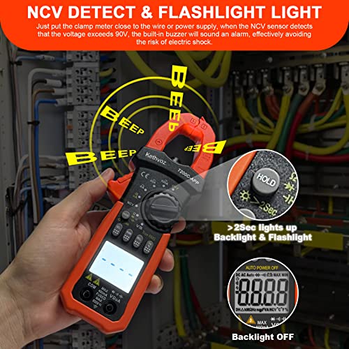 Bluetooth Clamp Meter, Kethvoz 4000 Counts TRMS Clamp Multimeter Auto Range Measurement 0-400A DC/AC Current Voltage Ohm Capacity Continuity NCV, Digital Clamp Ammeter